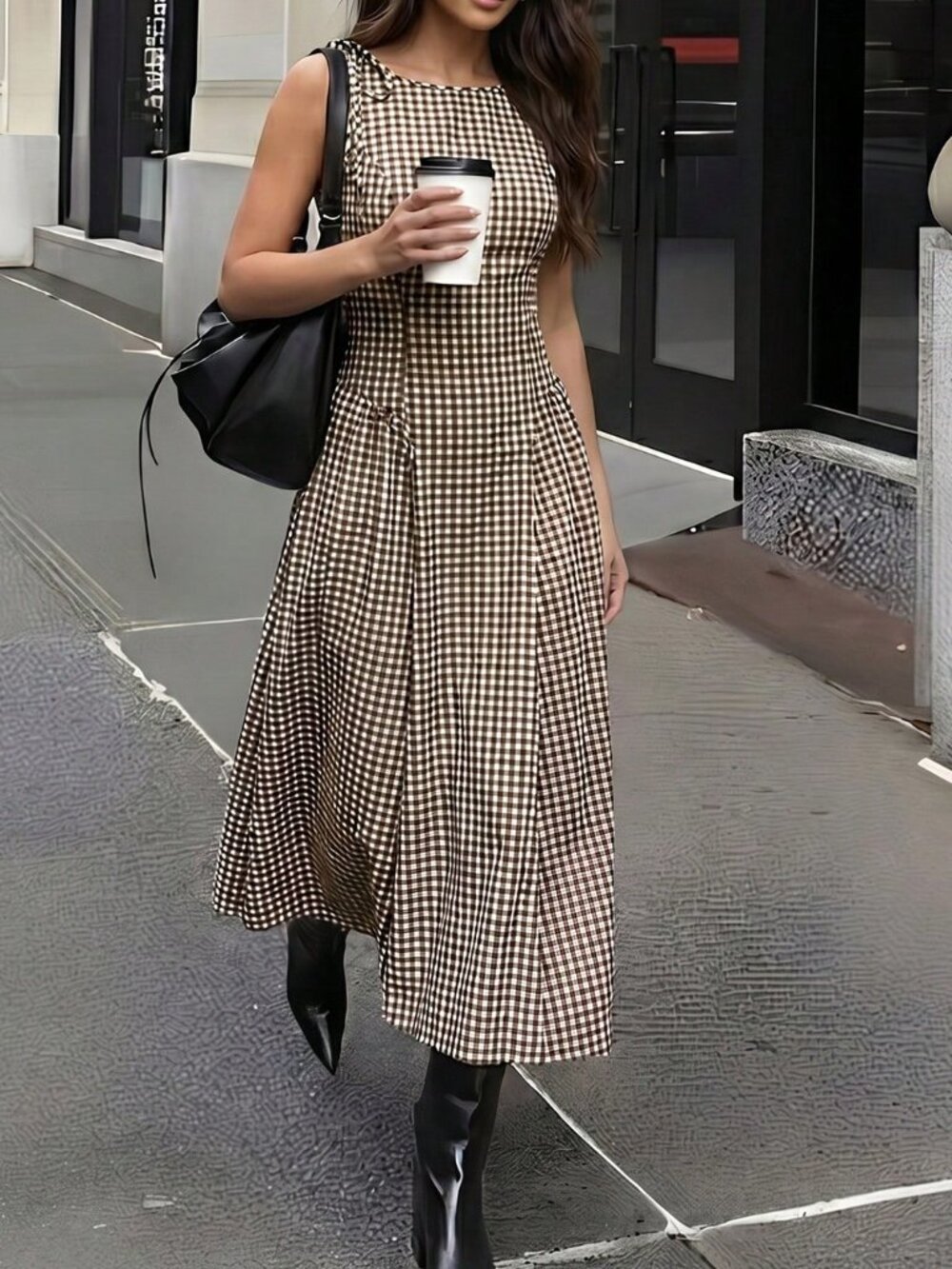 Brown Elegant Women's Sleeveless Plaid Waist-Cinching A-Line Midi Dress - Picture 8 of 8